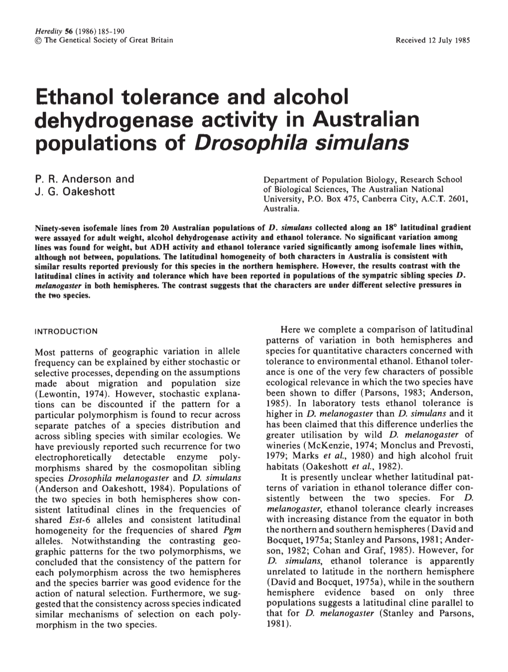Ethanol Tolerance and Alcohol Dehydrogenase Activity In