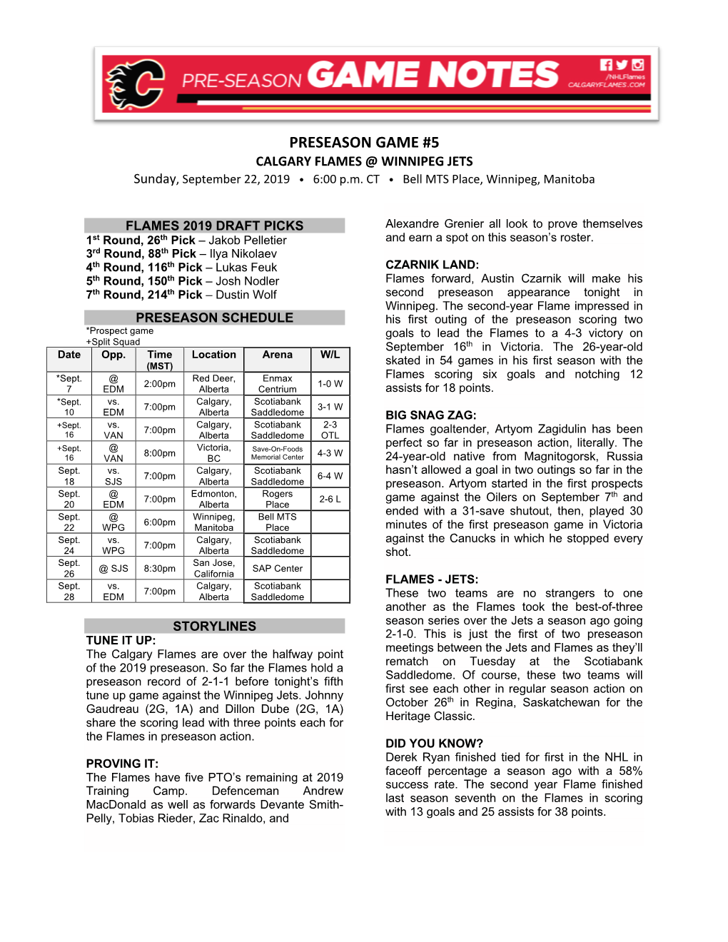 PRESEASON GAME #5 CALGARY FLAMES @ WINNIPEG JETS Sunday, September 22, 2019 • 6:00 P.M