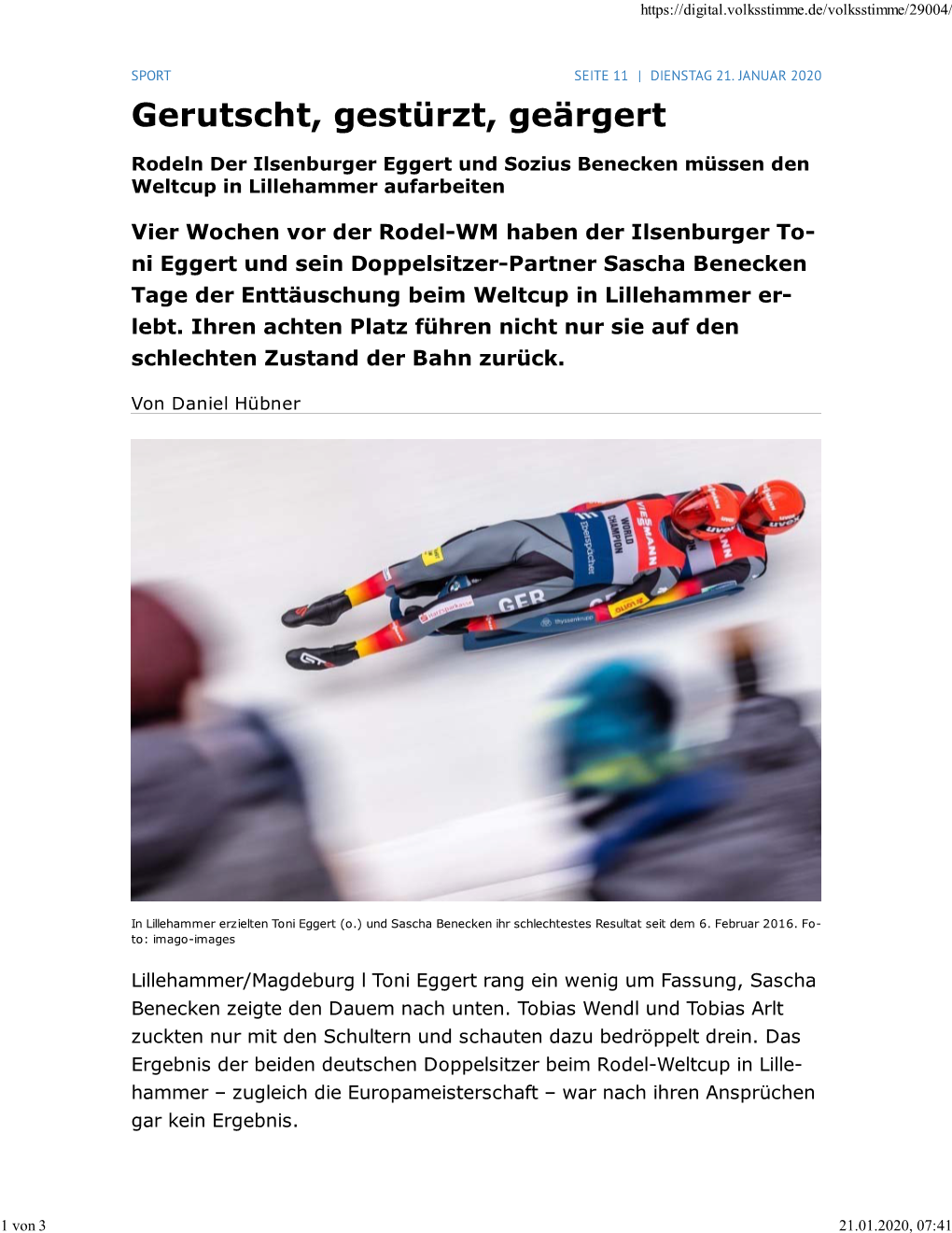 Ni Eggert Und Sein Doppelsitzer-Partner Sascha Benecken Tage Der Enttäuschung Beim Weltcup in Lillehammer Er- Lebt
