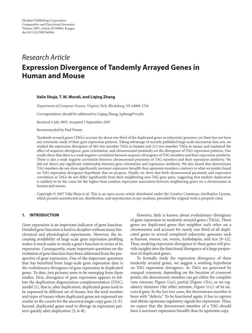 Research Article Expression Divergence of Tandemly Arrayed Genes in Human and Mouse