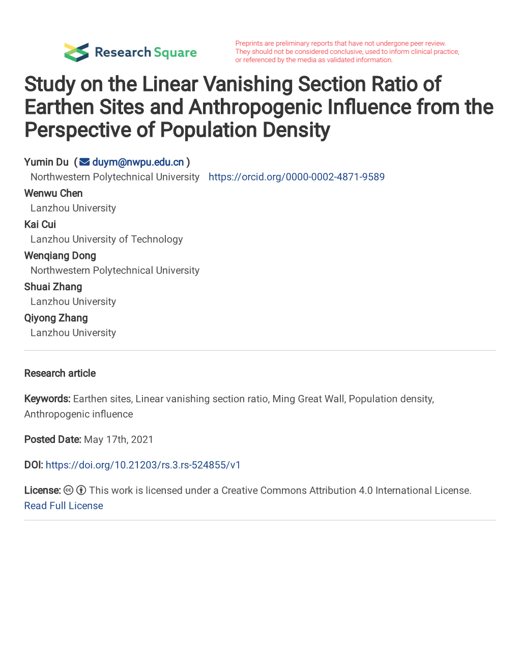 Study on the Linear Vanishing Section Ratio of Earthen Sites and Anthropogenic In�Uence from the Perspective of Population Density