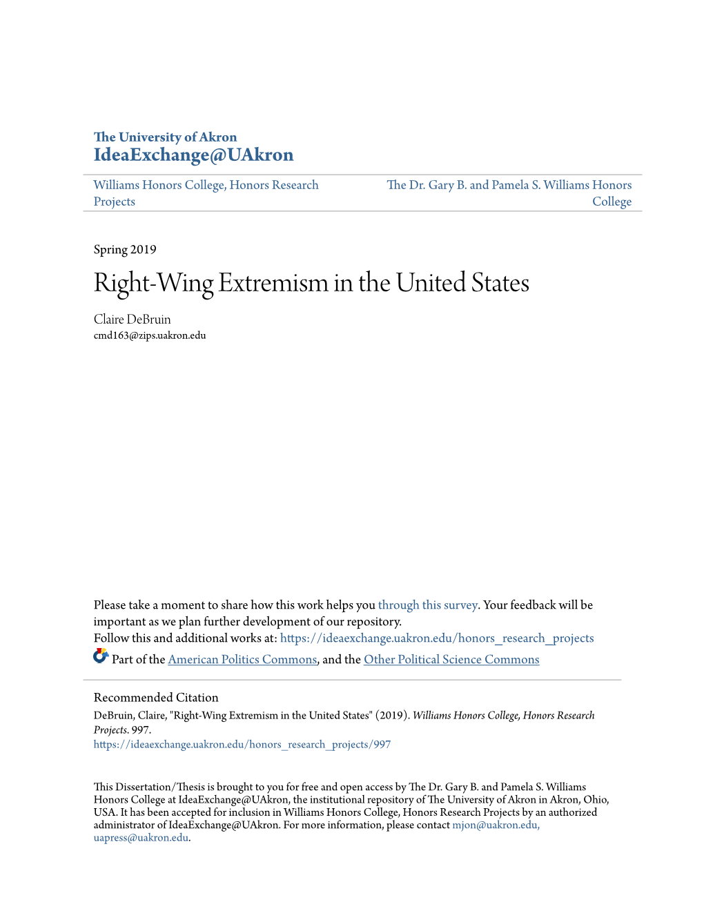 Right-Wing Extremism in the United States Claire Debruin Cmd163@Zips.Uakron.Edu