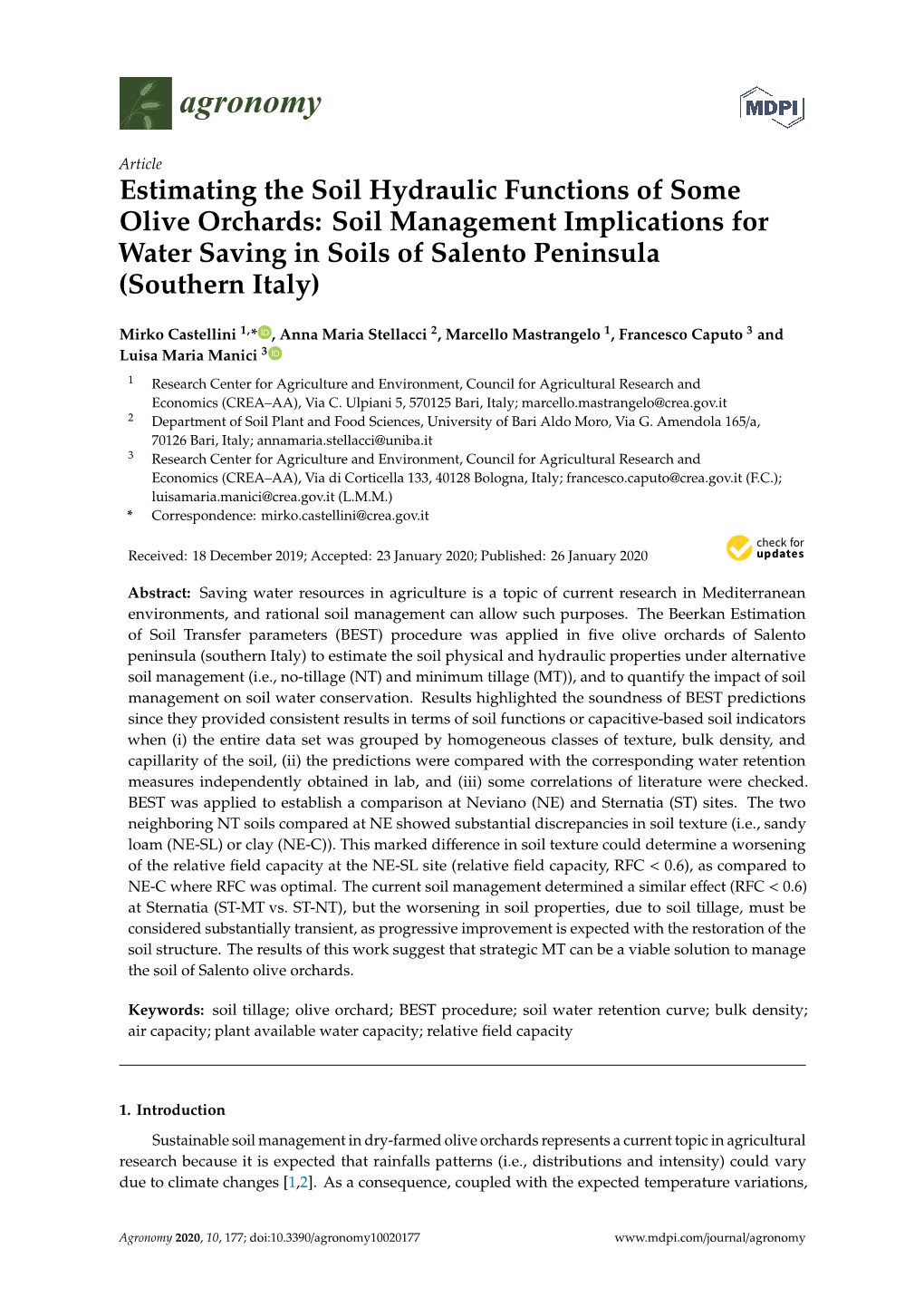 Estimating the Soil Hydraulic Functions of Some Olive Orchards: Soil Management Implications for Water Saving in Soils of Salento Peninsula (Southern Italy)