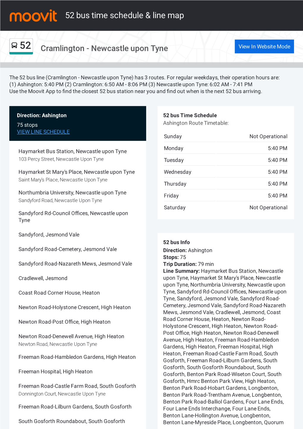 52 Bus Time Schedule & Line Route