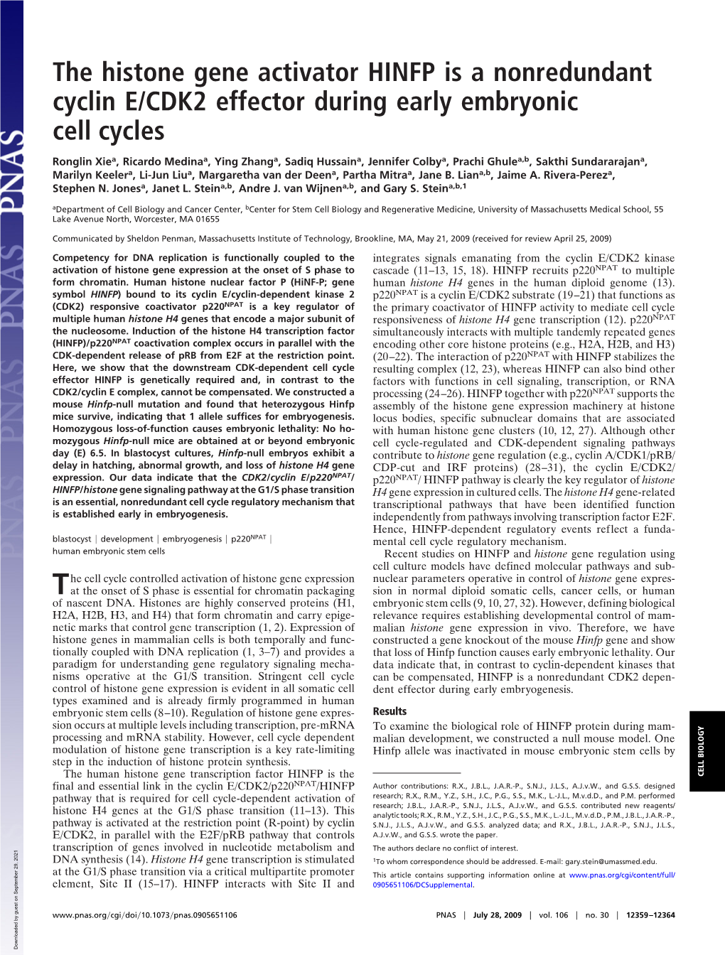 The Histone Gene Activator HINFP Is a Nonredundant Cyclin E/CDK2 Effector During Early Embryonic Cell Cycles