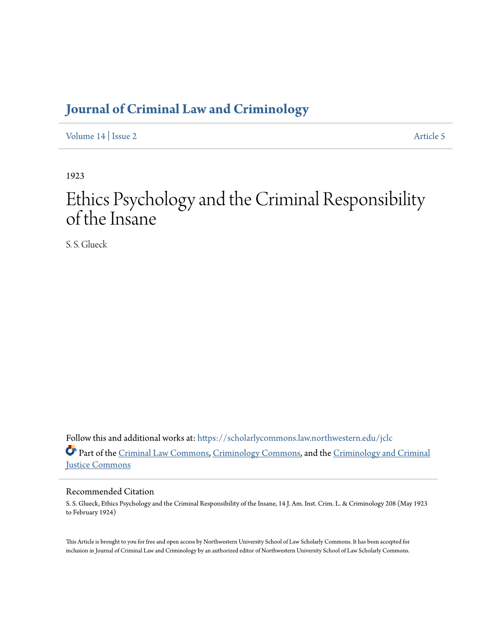 Ethics Psychology and the Criminal Responsibility of the Insane S
