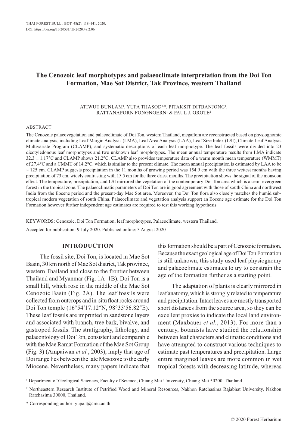 The Cenozoic Leaf Morphotypes and Palaeoclimate Interpretation from the Doi Ton Formation, Mae Sot District, Tak Province, Western Thailand