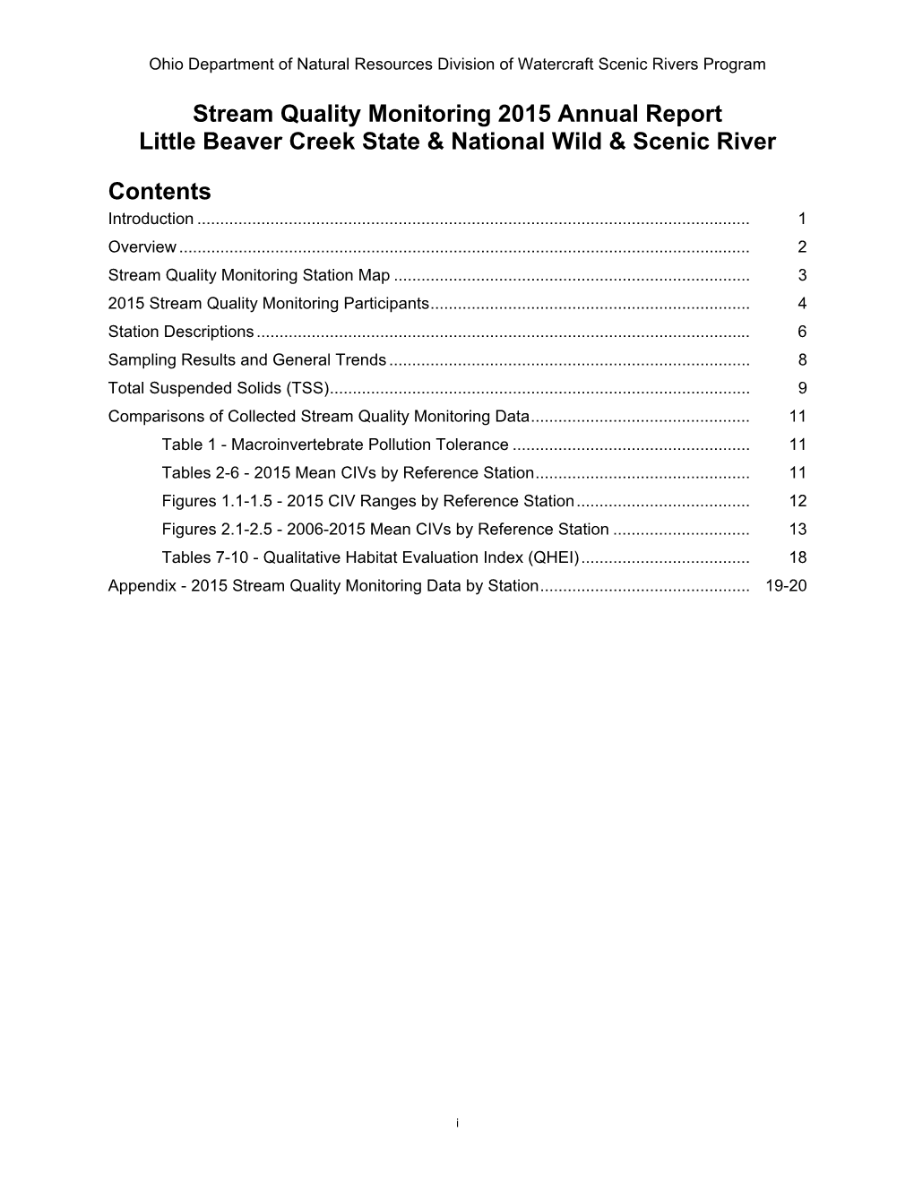 Stream Quality Monitoring 2015 Annual Report Little Beaver Creek State & National Wild & Scenic River