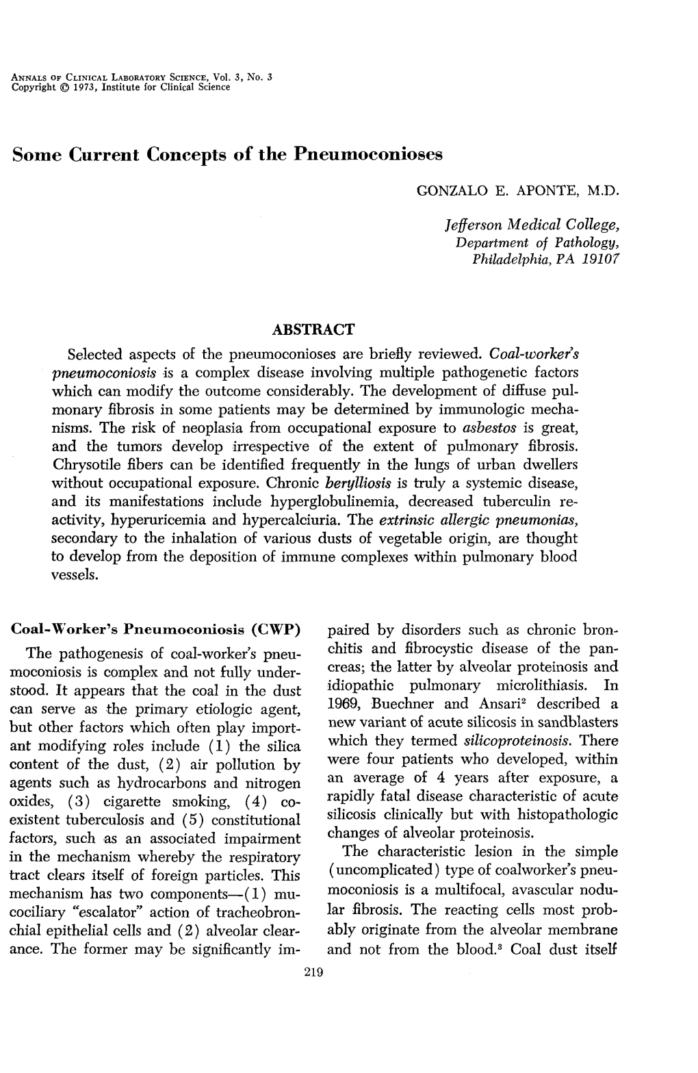 Some Current Concepts of the Pneumoconioses