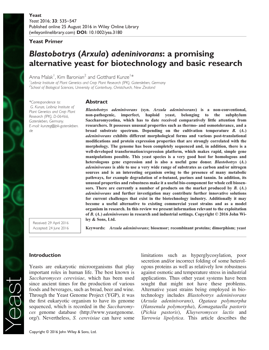 (Arxula) Adeninivorans: a Promising Alternative Yeast for Biotechnology and Basic Research