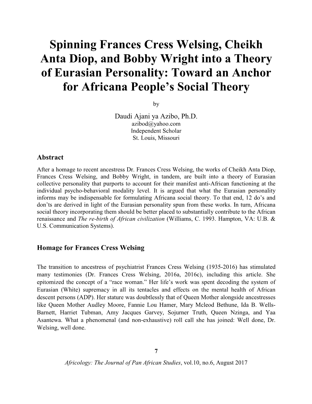 Spinning Frances Cress Welsing, Cheikh Anta Diop, and Bobby Wright Into a Theory of Eurasian Personality: Toward an Anchor for Africana People’S Social Theory