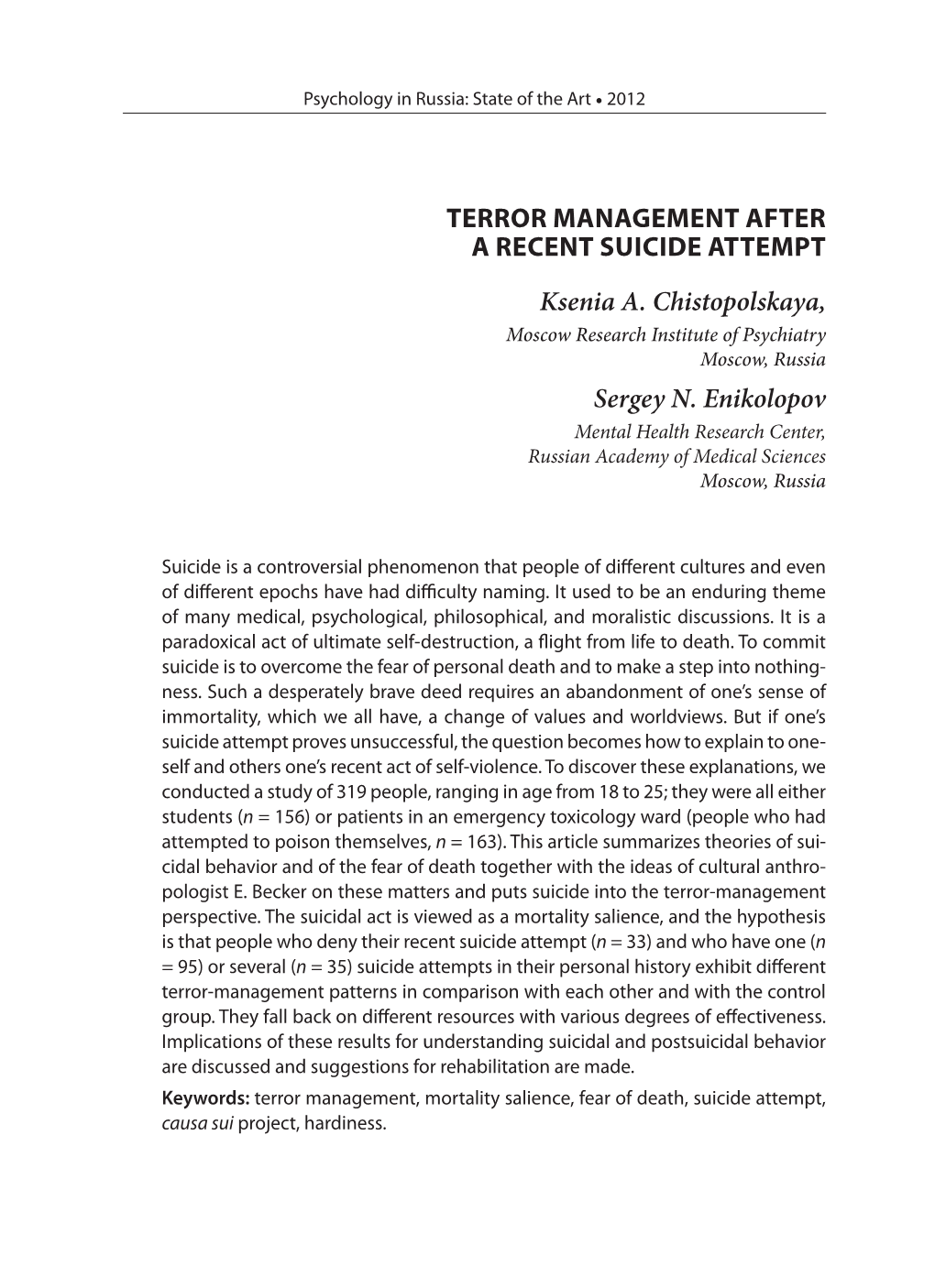 Terror Management After a Recent Suicide Attempt