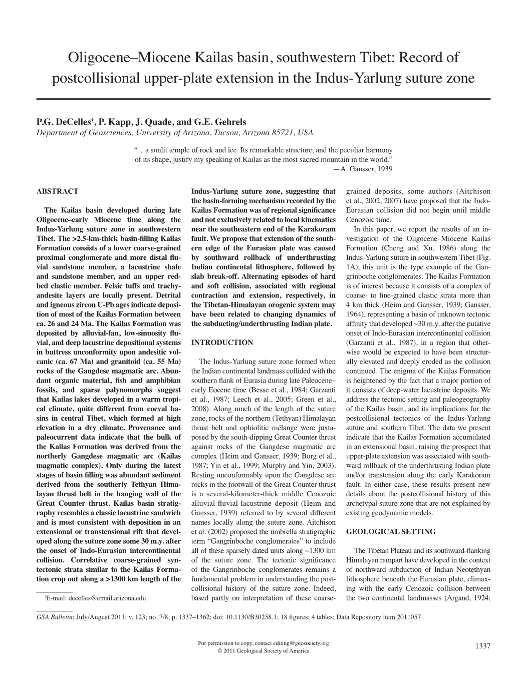 Oligocene–Miocene Kailas Basin, Southwestern Tibet: Record of Postcollisional Upper-Plate Extension in the Indus-Yarlung Suture Zone