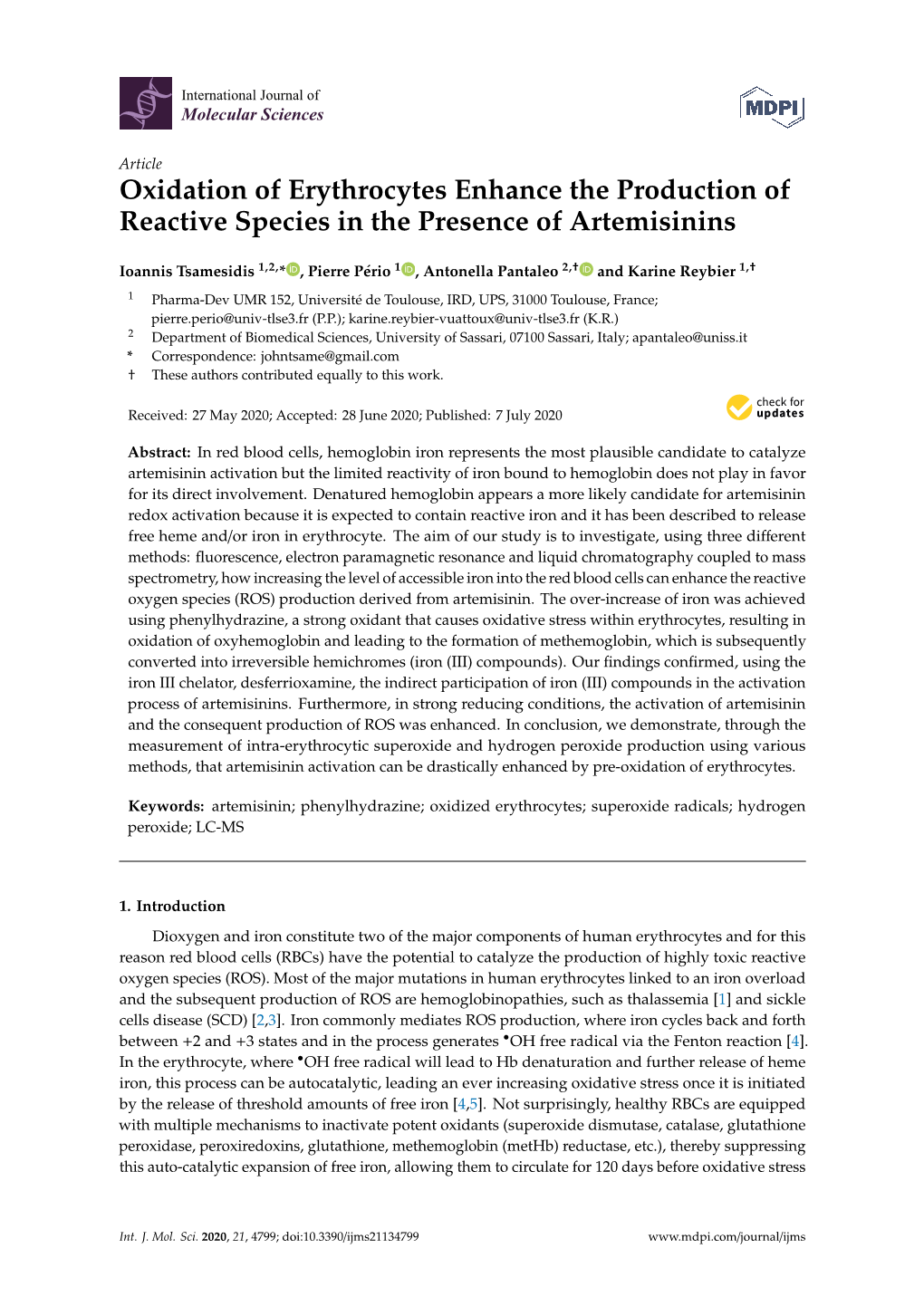 Oxidation of Erythrocytes Enhance the Production of Reactive Species in the Presence of Artemisinins