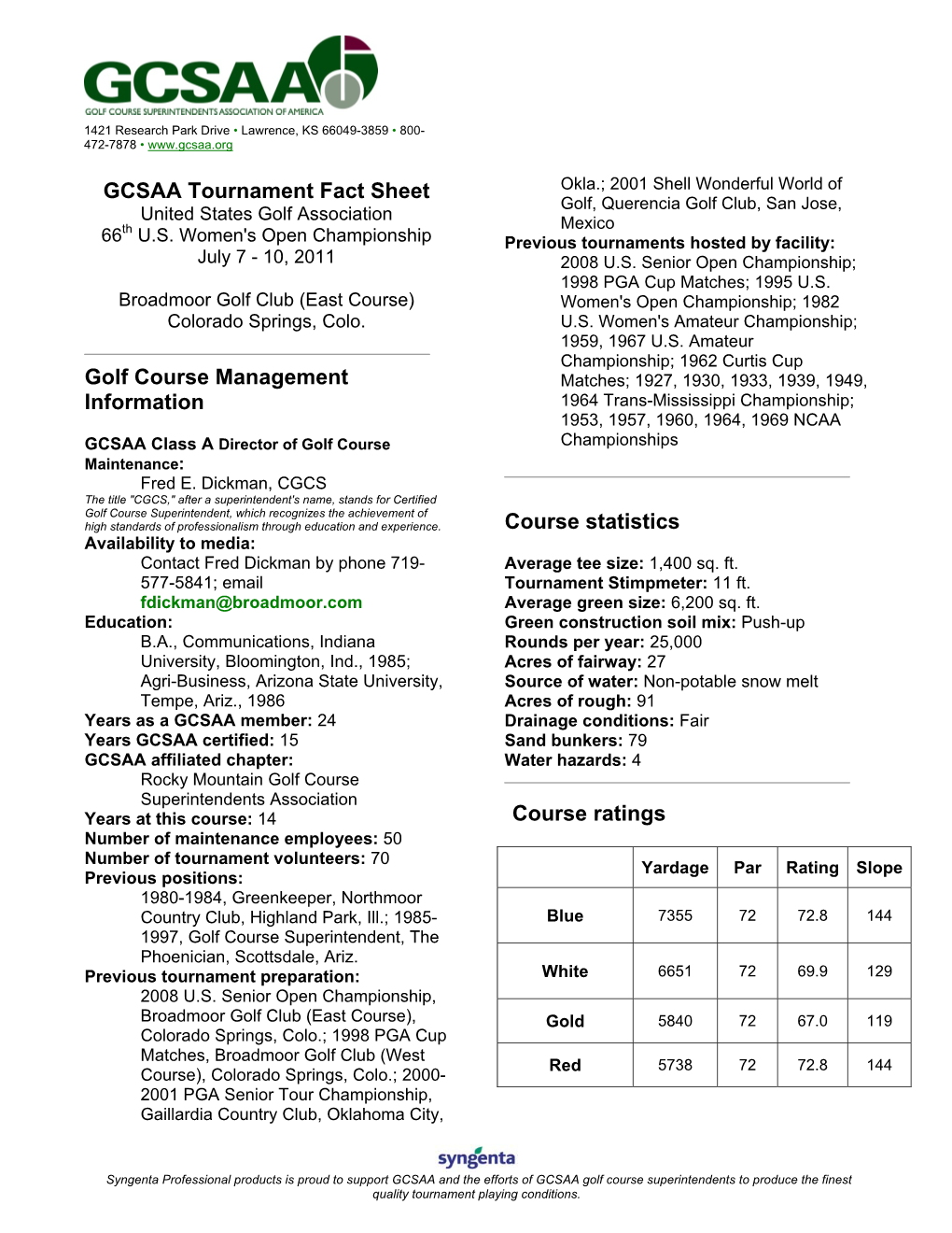 GCSAA Tournament Fact Sheet Golf Course Management Information Course Statistics Course Ratings