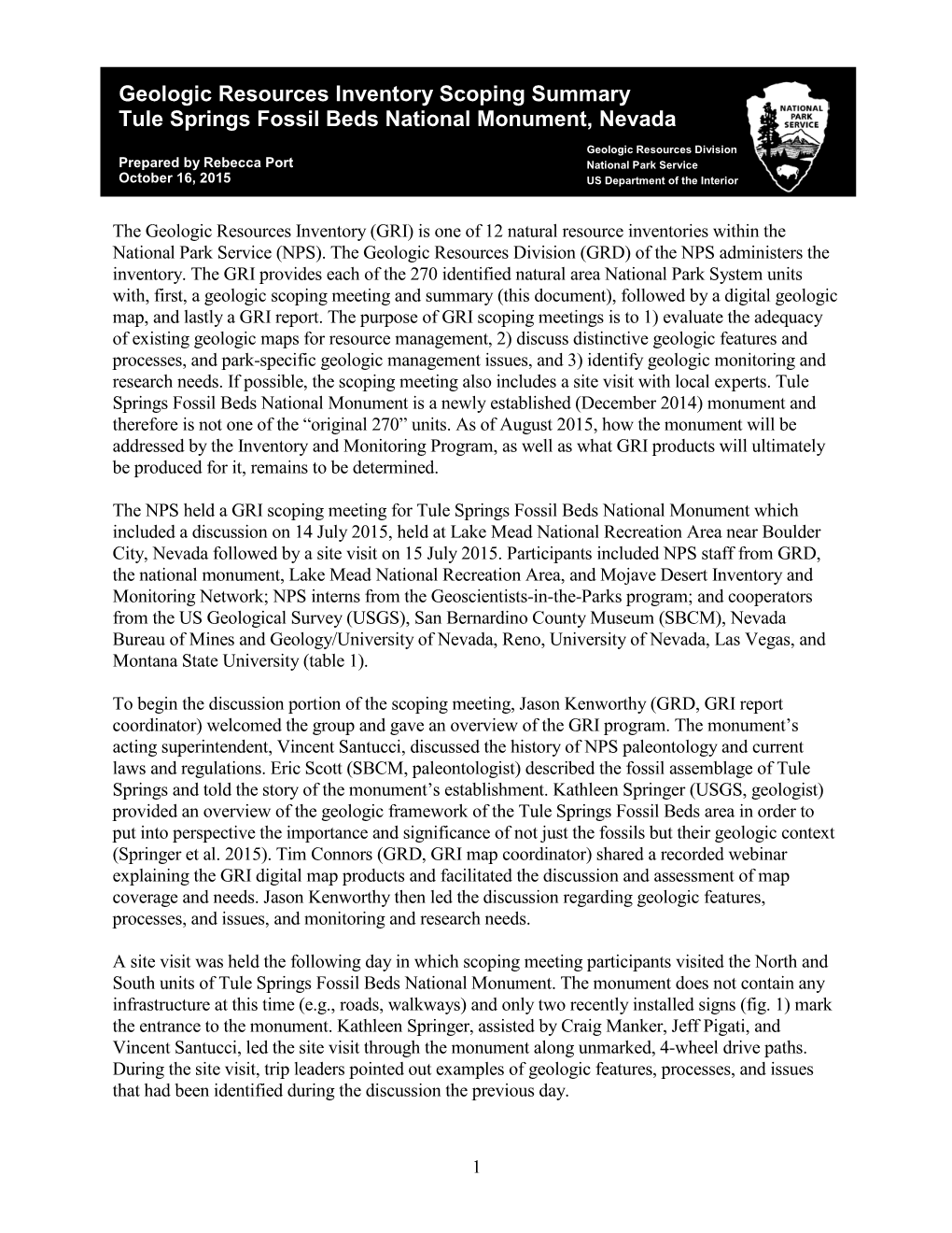 Geologic Resources Inventory Scoping Summary Tule Springs Fossil Beds National Monument, Nevada