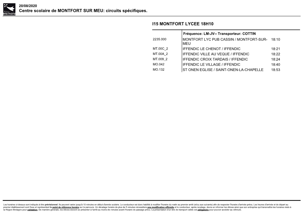 Centre Scolaire De MONTFORT SUR MEU: Circuits Spécifiques. I15 MONTFORT LYCEE 18H10