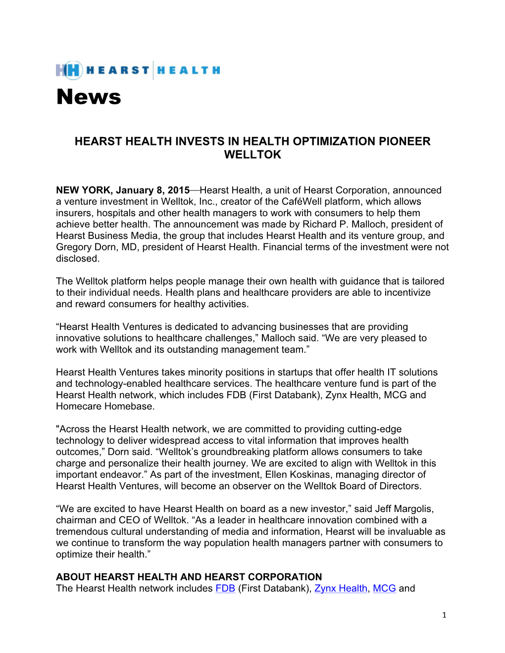 Hearst Health Invests in Health Optimization Pioneer Welltok