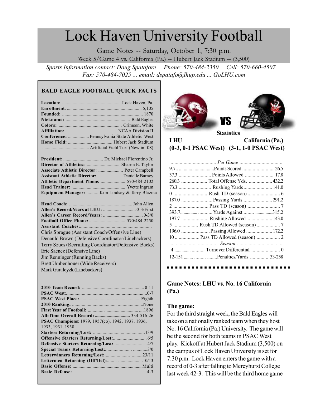 Lock Haven University Football Game Notes -- Saturday, October 1, 7:30 P.M