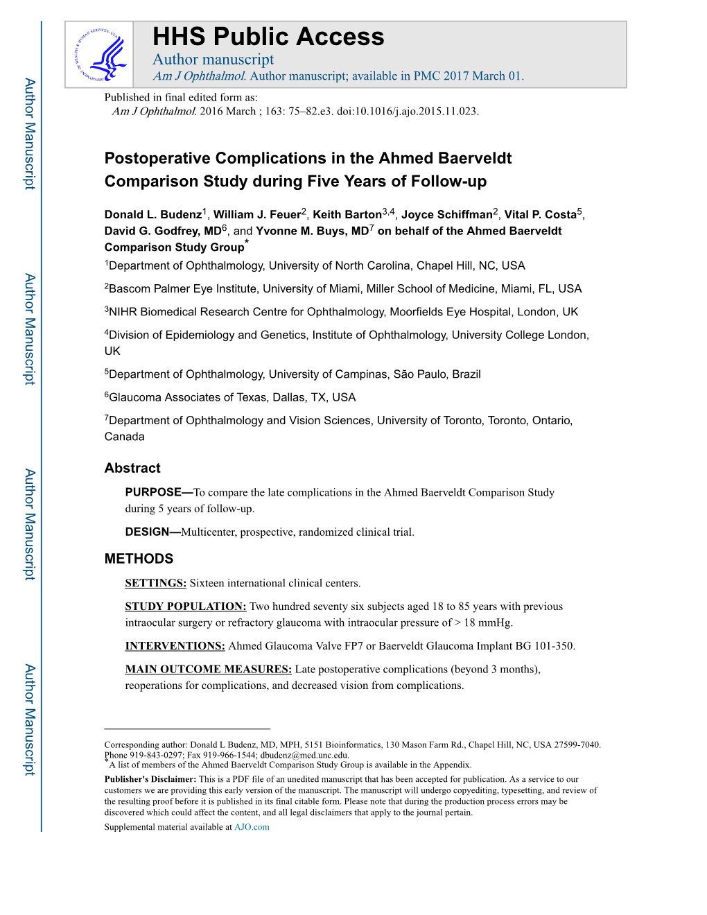 Postoperative Complications in the Ahmed Baerveldt Comparison Study During Five Years of Follow-Up