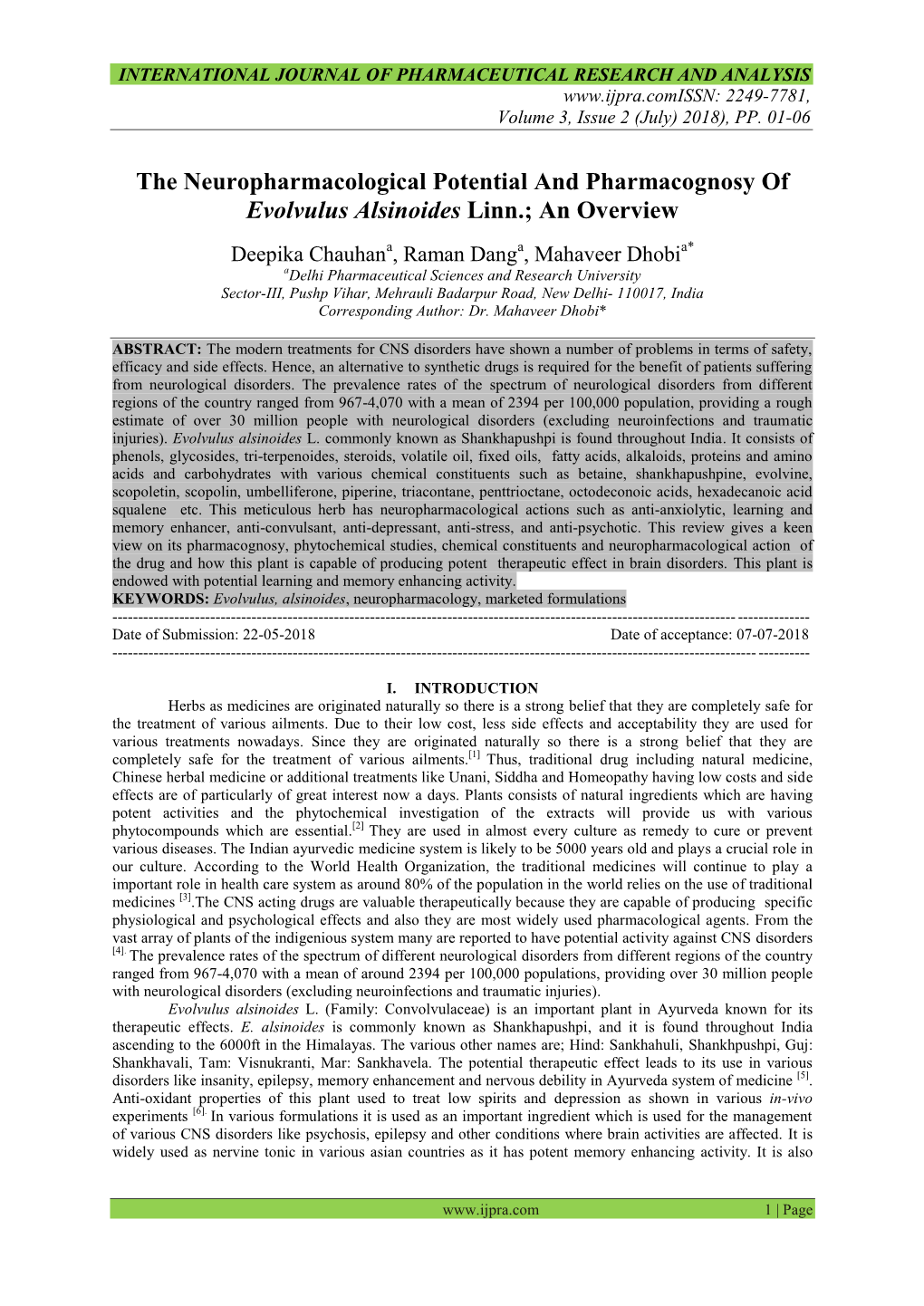 The Neuropharmacological Potential and Pharmacognosy of Evolvulus Alsinoides Linn.; an Overview
