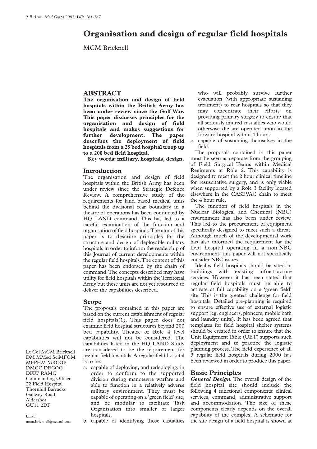 Organisation and Design of Regular Field Hospitals