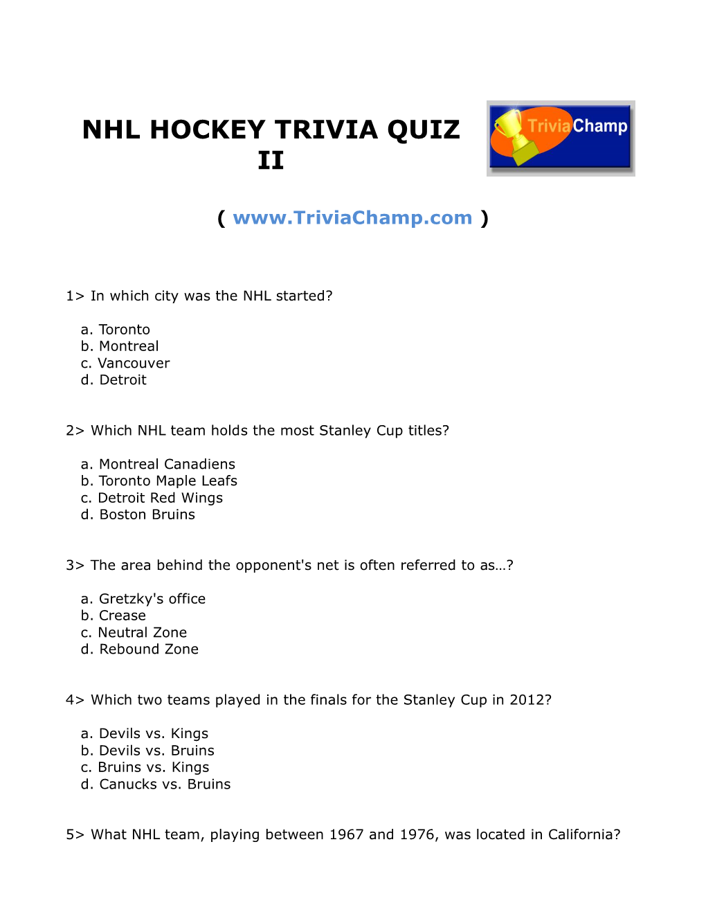 Nhl Hockey Trivia Quiz Ii