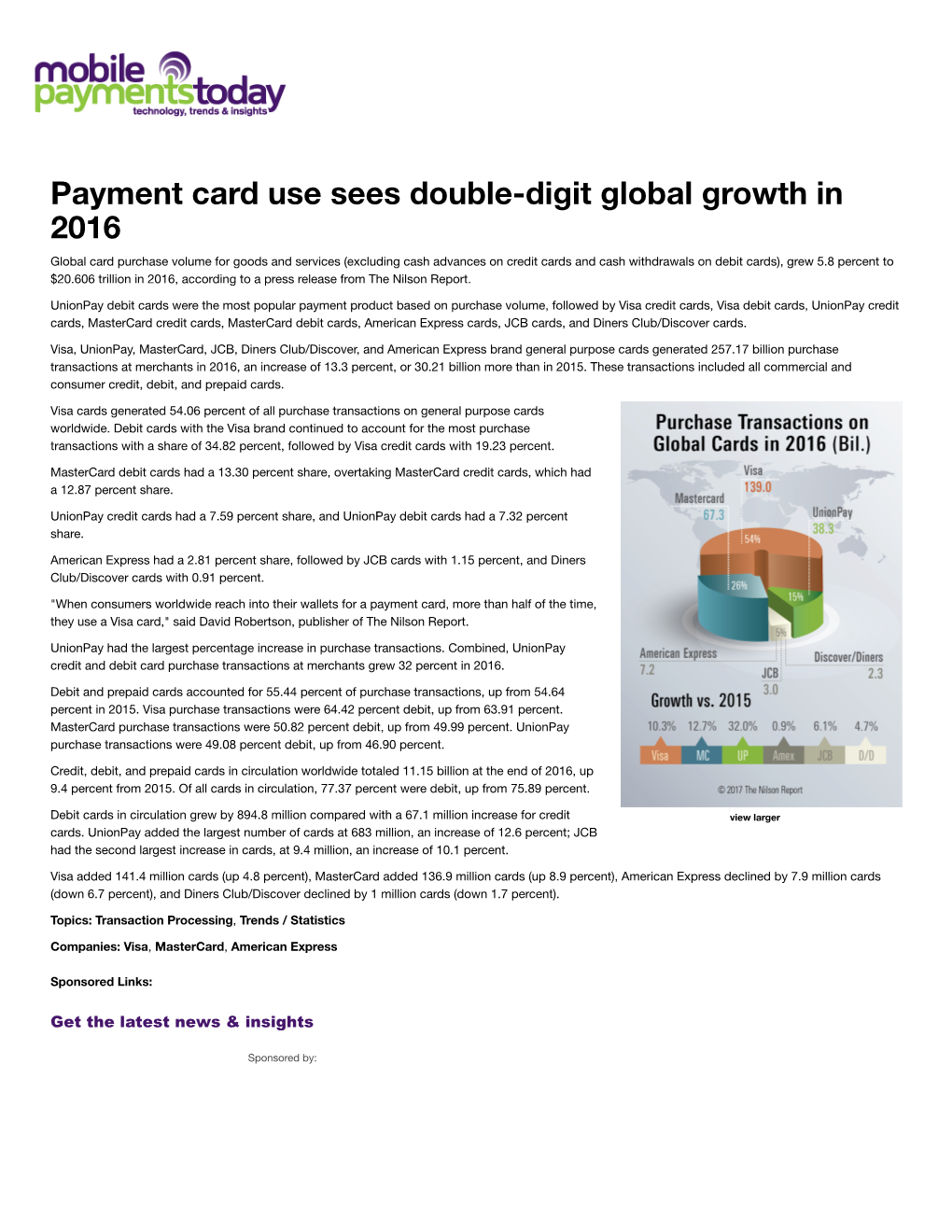 Payment Card Use Sees Double-Digit Global Growth in 2016 | Mobile