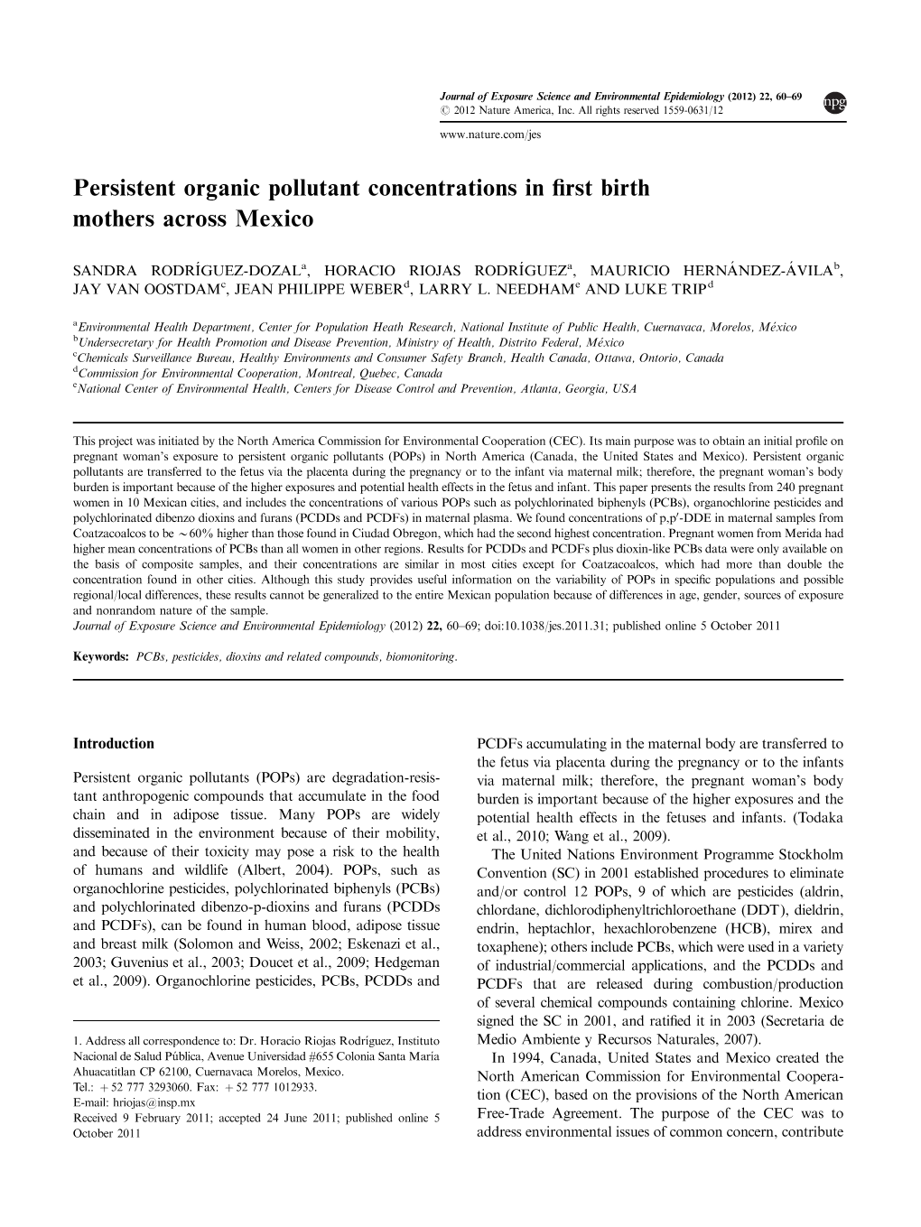 Persistent Organic Pollutant Concentrations in First Birth Mothers