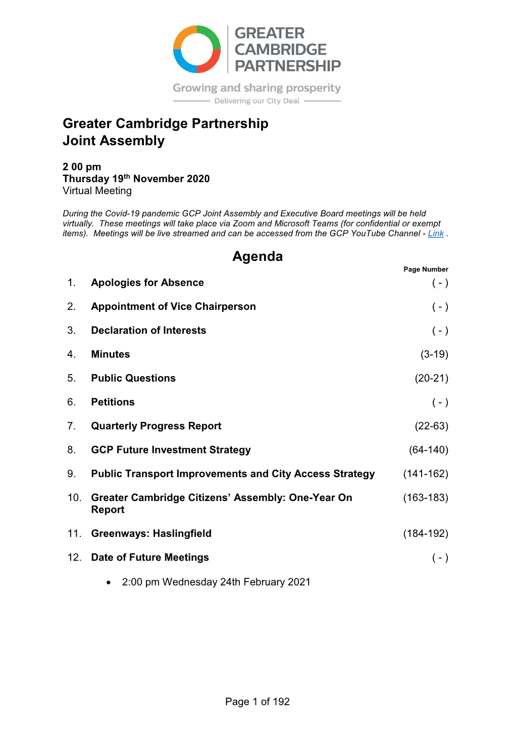 Greater Cambridge Partnership Joint Assembly Agenda