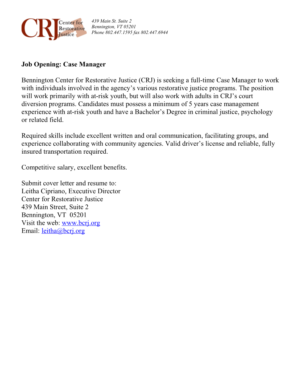 Job Opening: Case Manager