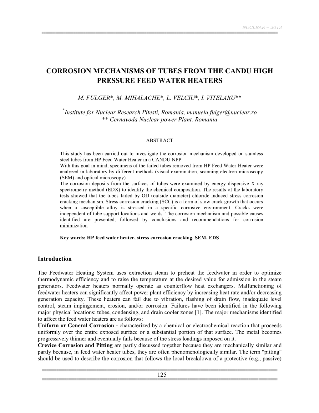 Corrosion Mechanisms of Tubes from the Candu High Pressure Feed Water Heaters