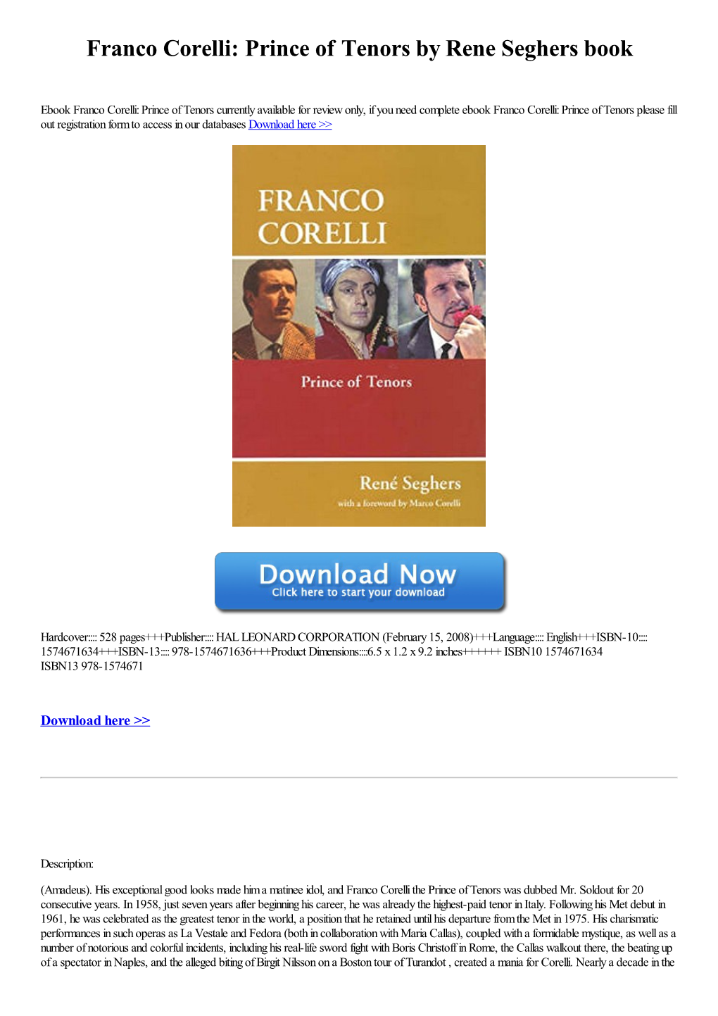 Franco Corelli: Prince of Tenors by Rene Seghers Book