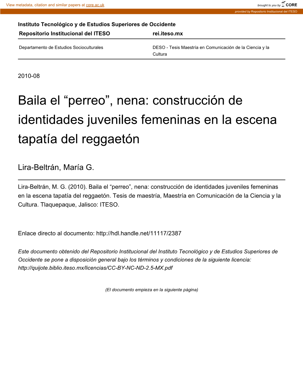 Baila El “Perreo”, Nena: Construcción De Identidades Juveniles Femeninas En La Escena Tapatía Del Reggaetón