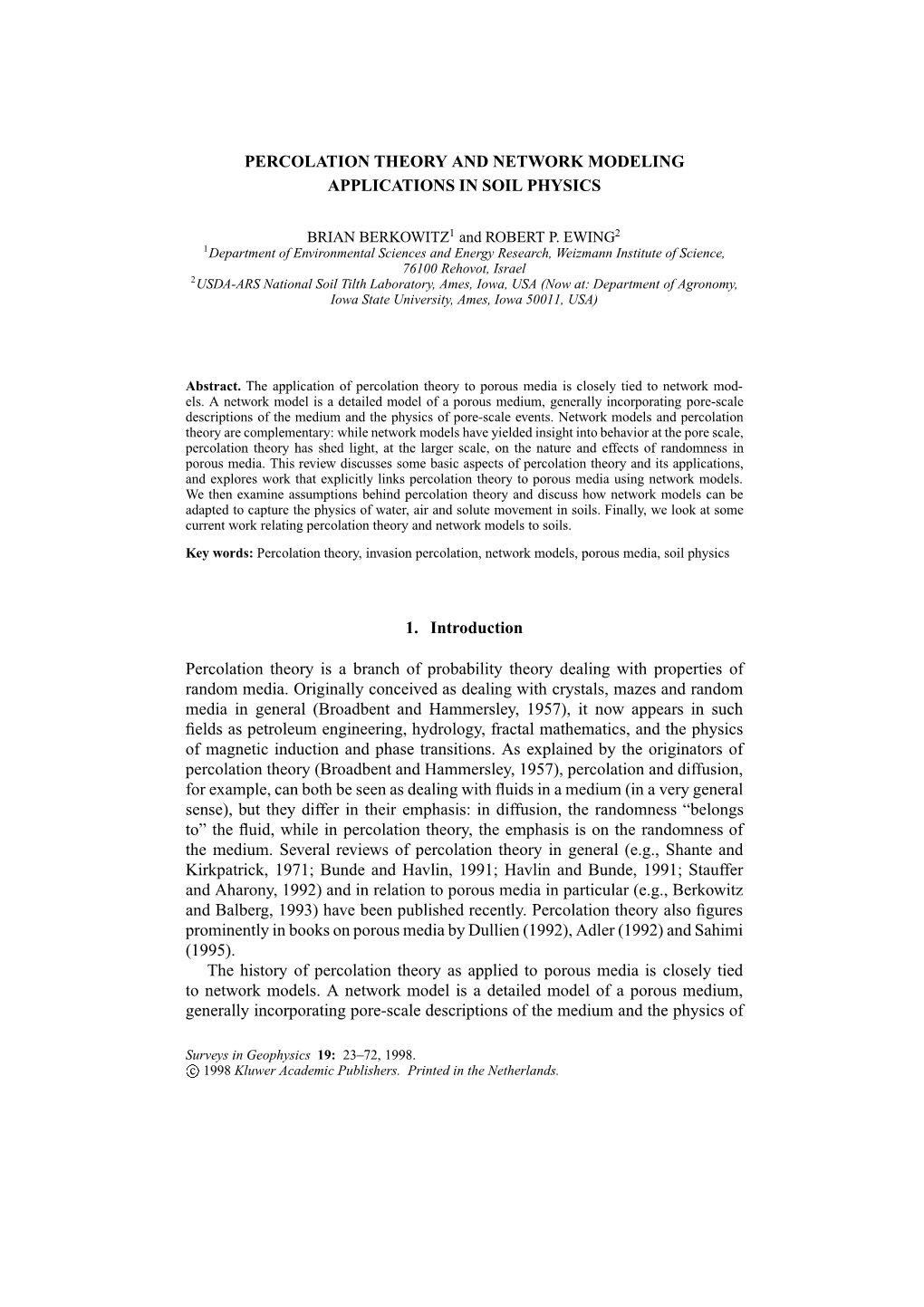 Percolation Theory and Network Modeling Applications in Soil Physics