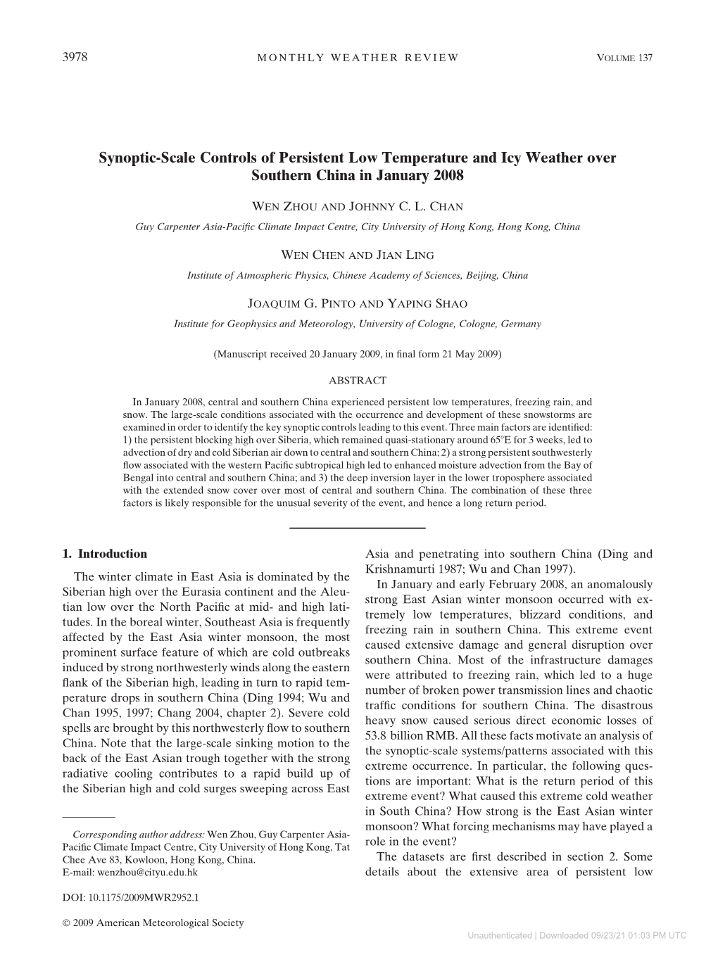 Synoptic-Scale Controls of Persistent Low Temperature and Icy Weather Over Southern China in January 2008