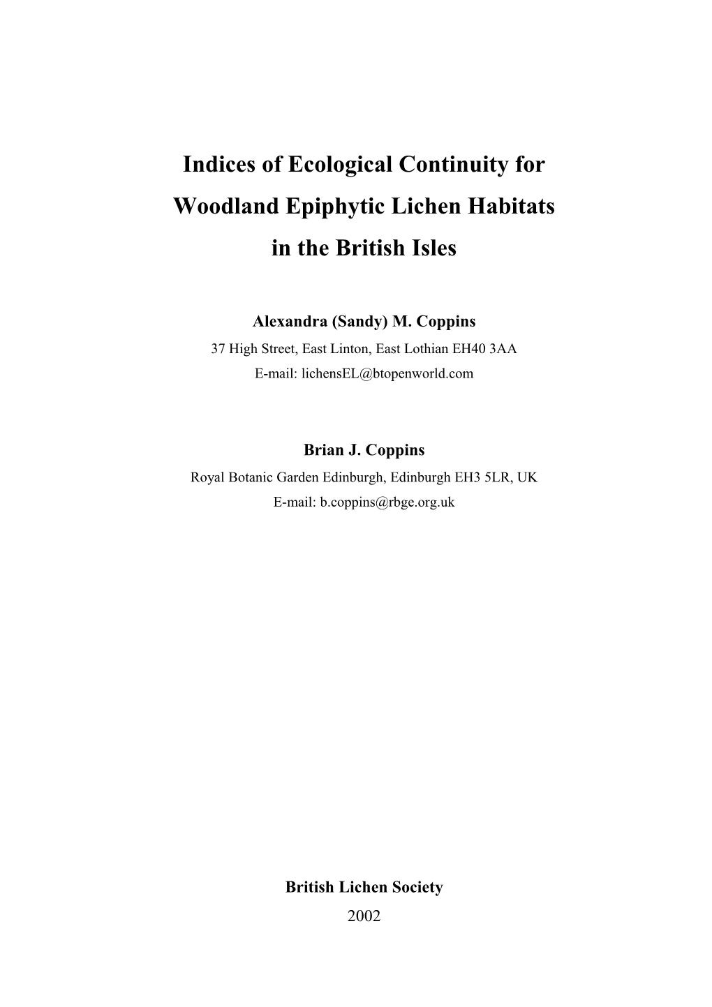 Indices of Ecological Continuity for Woodland Epiphytic Lichen Habitats in the British Isles