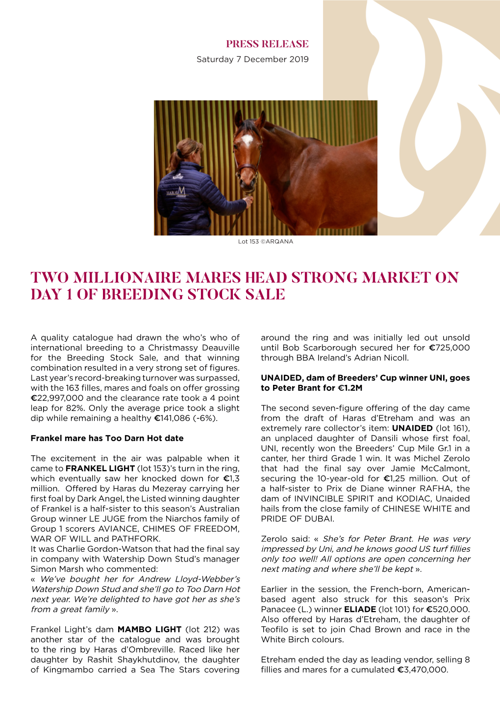 Two Millionaire Mares Head Strong Market on Day 1 of Breeding Stock Sale