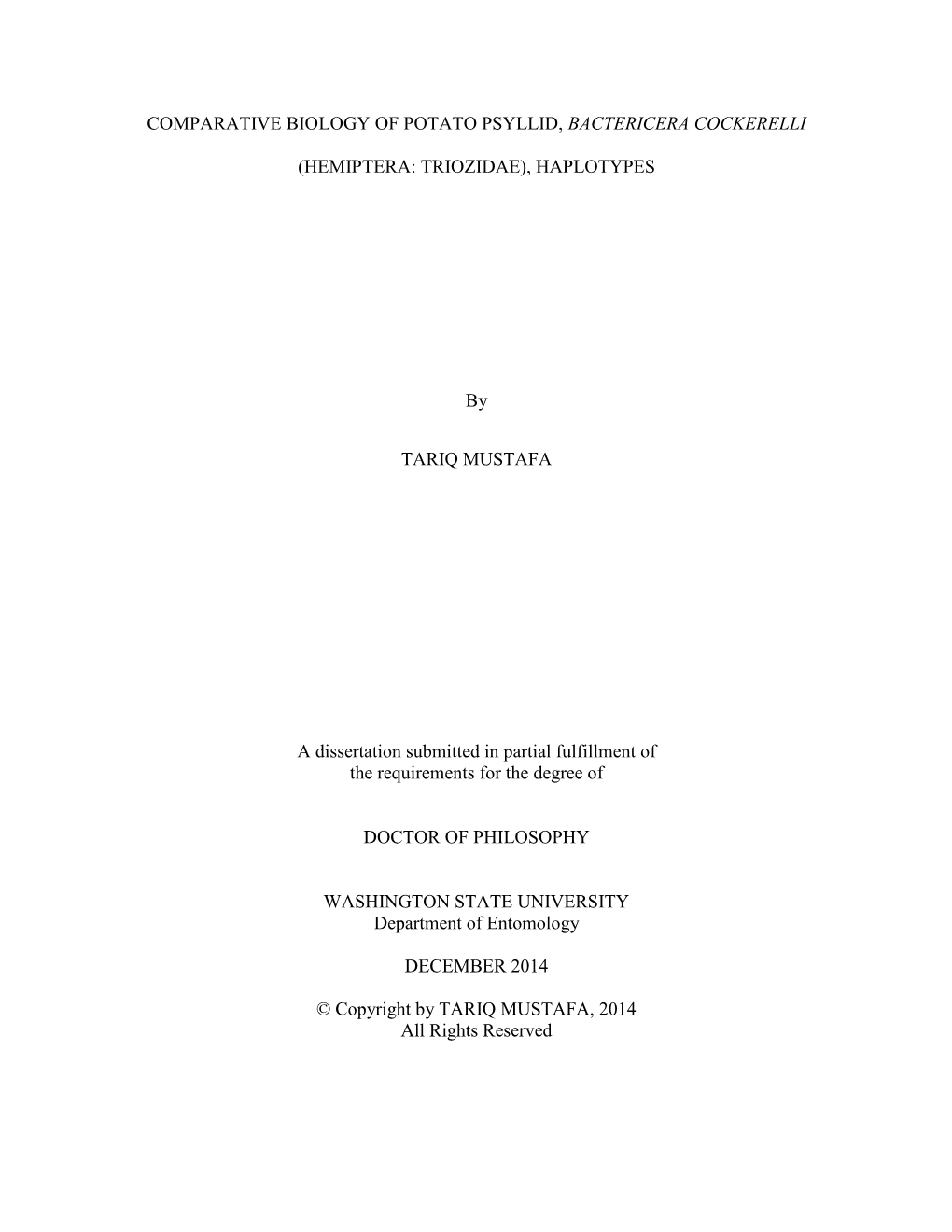 Comparative Biology of Potato Psyllid, Bactericera Cockerelli