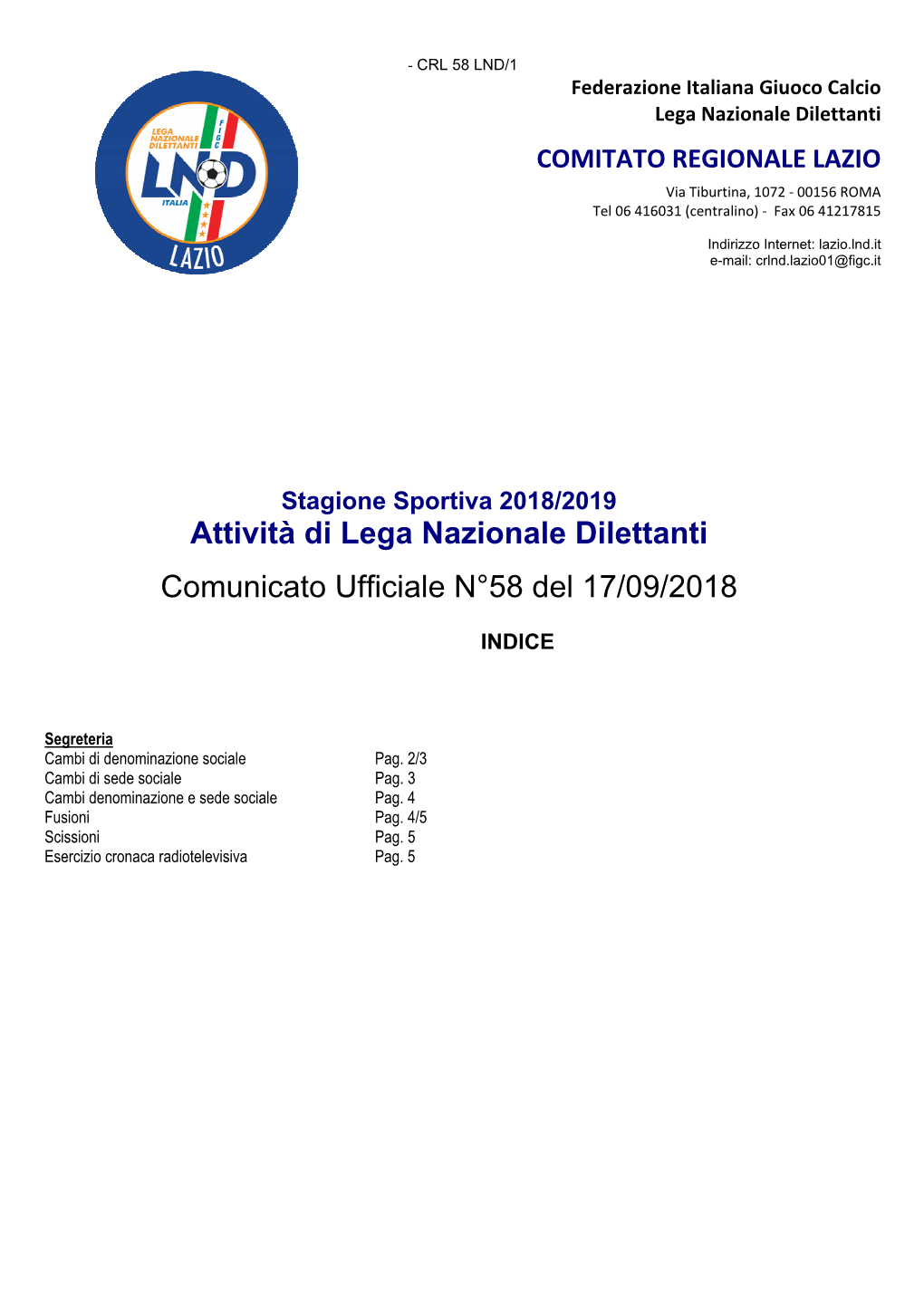 Attività Di Lega Nazionale Dilettanti Comunicato Ufficiale N°58 Del 17/09/2018