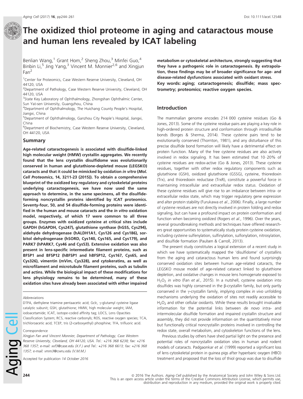 The Oxidized Thiol Proteome in Aging and Cataractous Mouse and Human Lens Revealed by ICAT Labeling