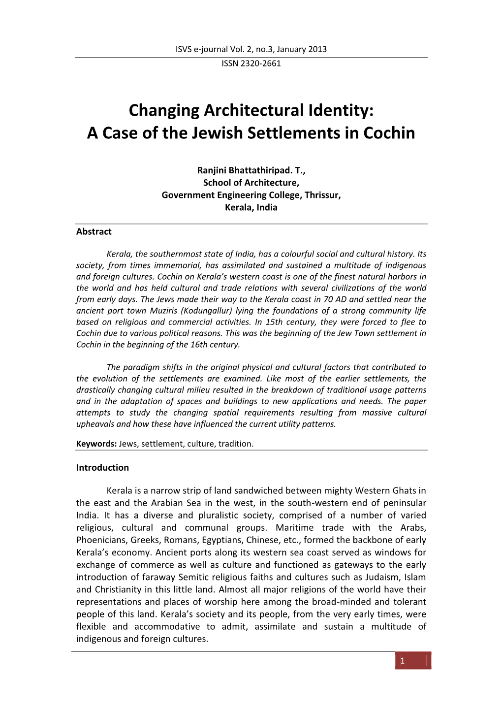 Changing Architectural Identity: a Case of the Jewish Settlements in Cochin