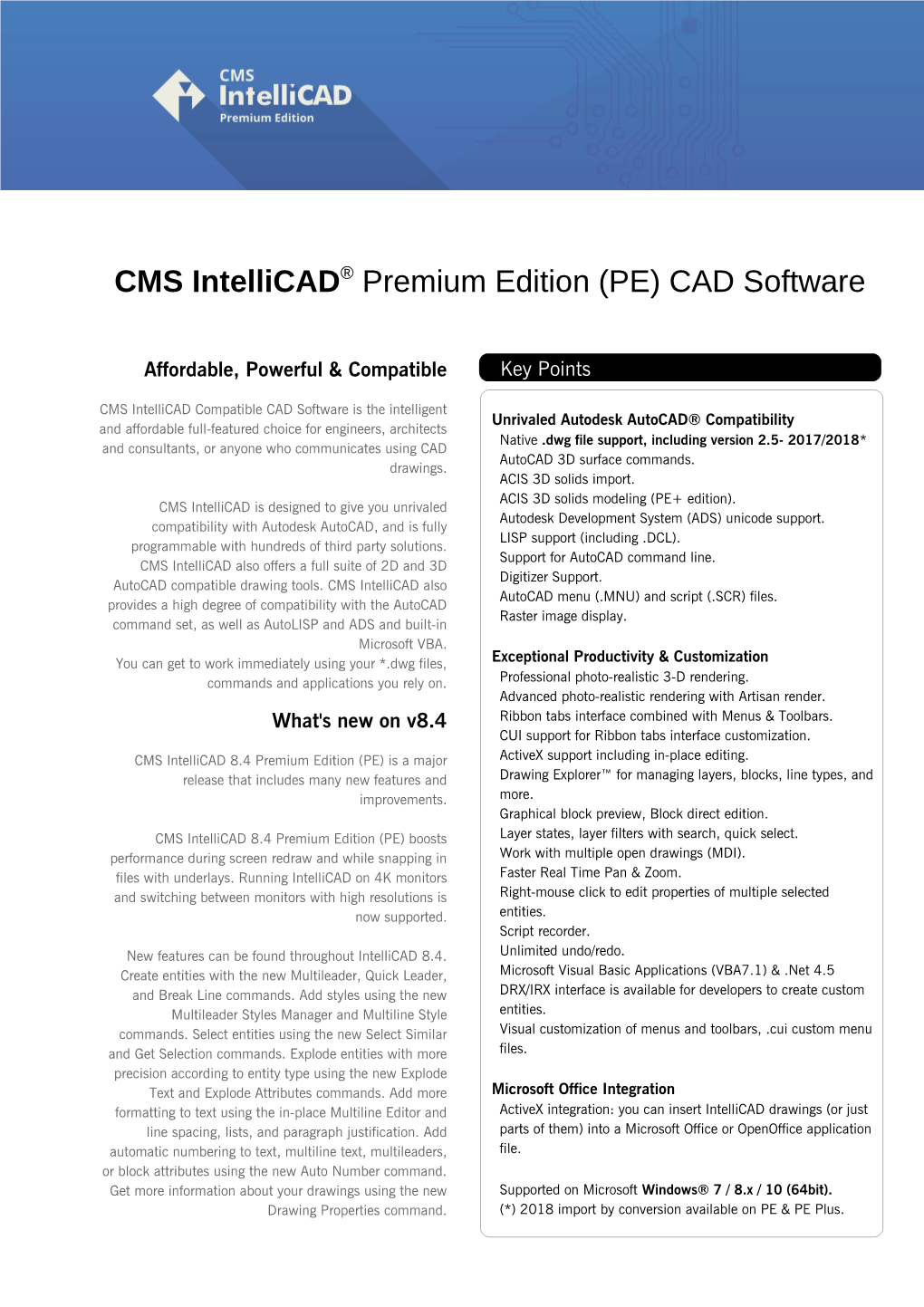 CMS Intellicad ® Premium Edition (PE) CAD Software