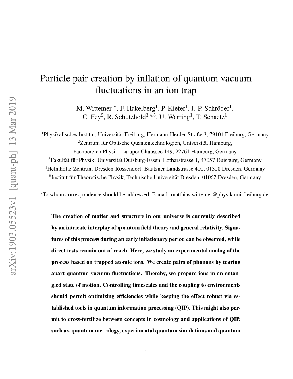 Particle Pair Creation by Inflation of Quantum Vacuum Fluctuations in an Ion Trap Arxiv:1903.05523V1 [Quant-Ph] 13 Mar 2019