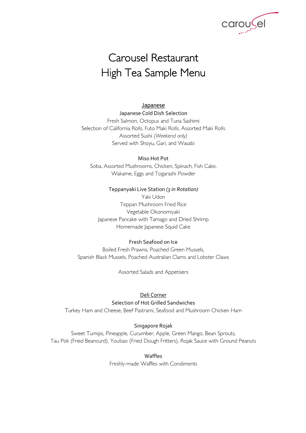 Carousel Restaurant Carousel Restaurant High Tea Sample Menu