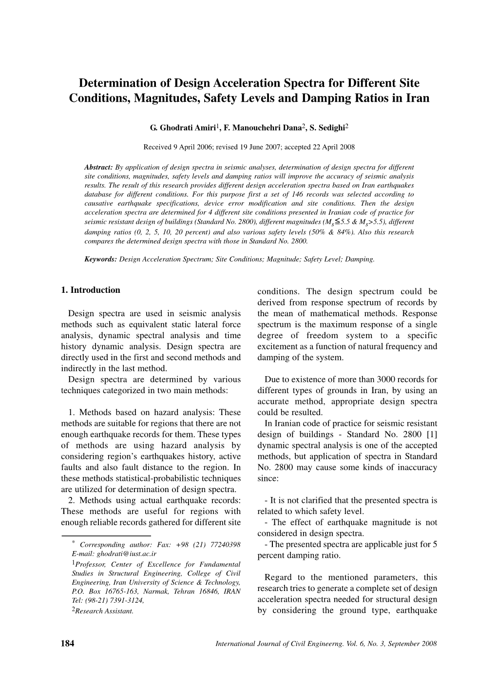 Determination of Design Acceleration Spectra for Different Site Conditions, Magnitudes, Safety Levels and Damping Ratios in Iran