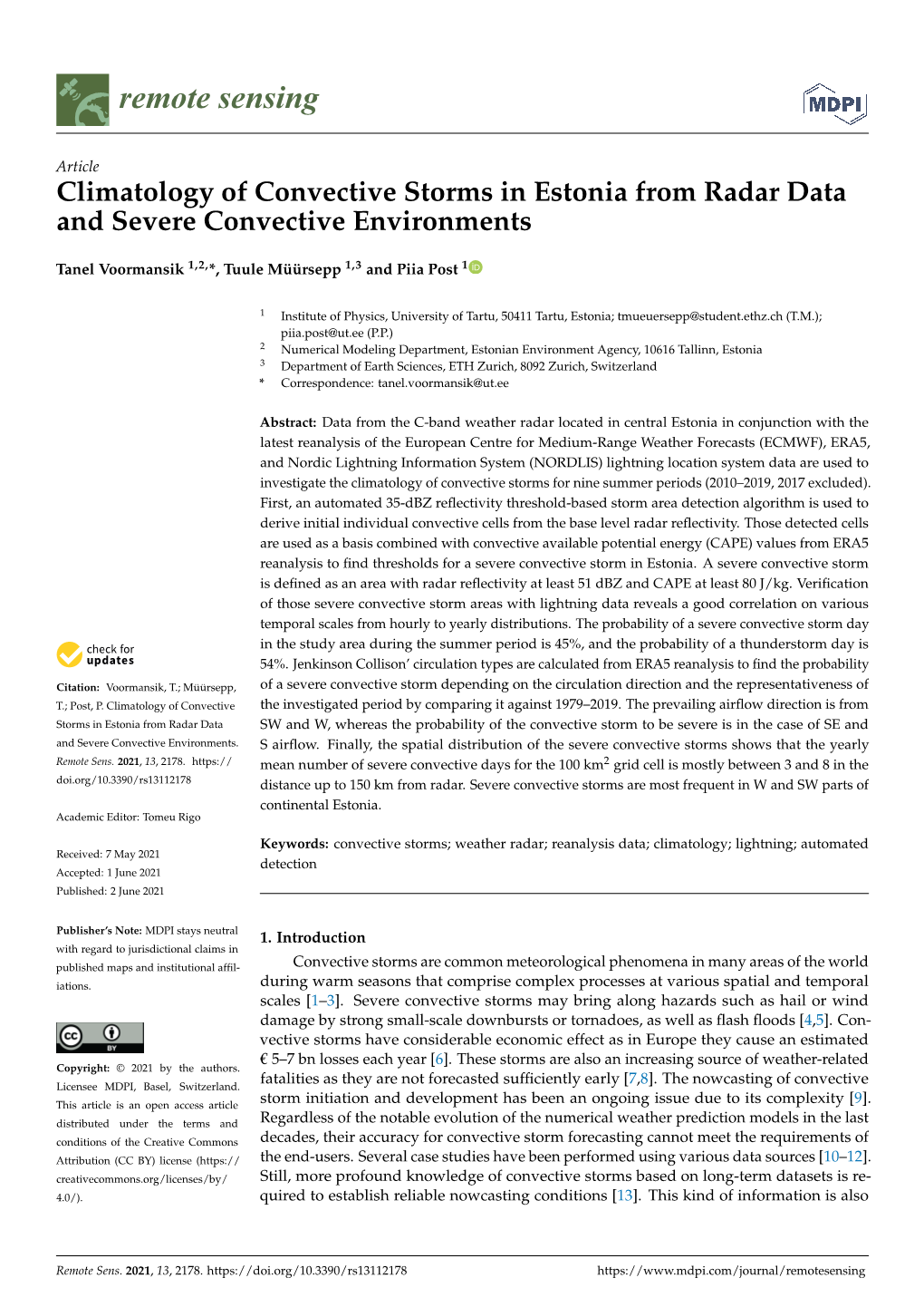 Climatology of Convective Storms in Estonia from Radar Data and Severe Convective Environments