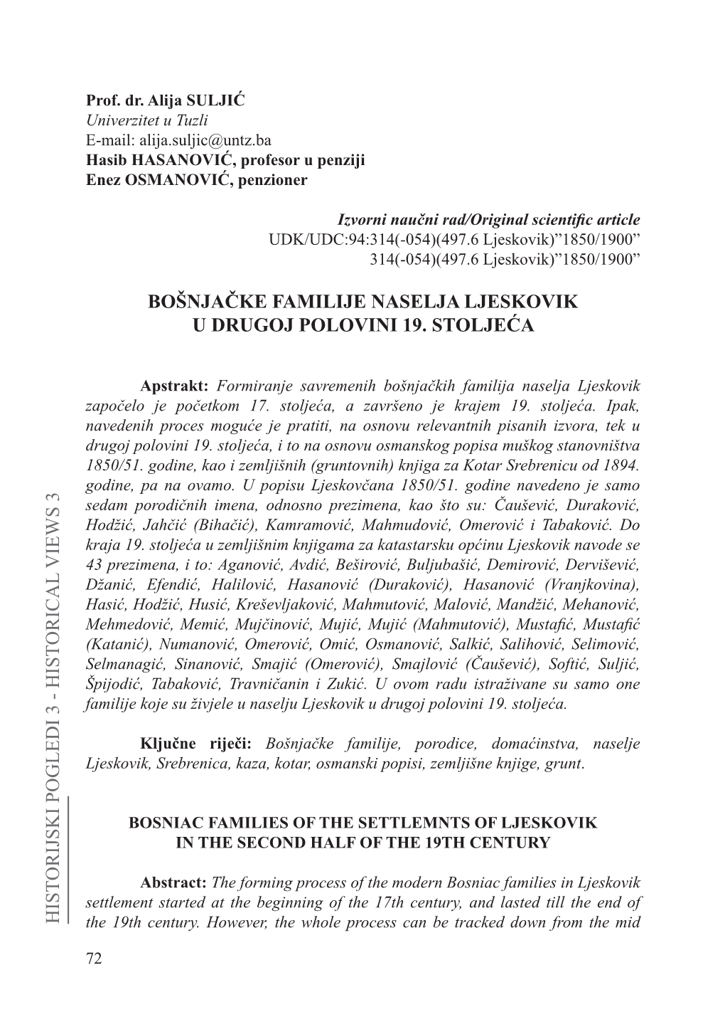 Prof. Dr. Alija SULJIĆ, Hasib HASANOVIĆ, Enez OSMANOVIĆ, Bošnjačke Familije Naselja Ljeskovik U Drugoj Polovini 19