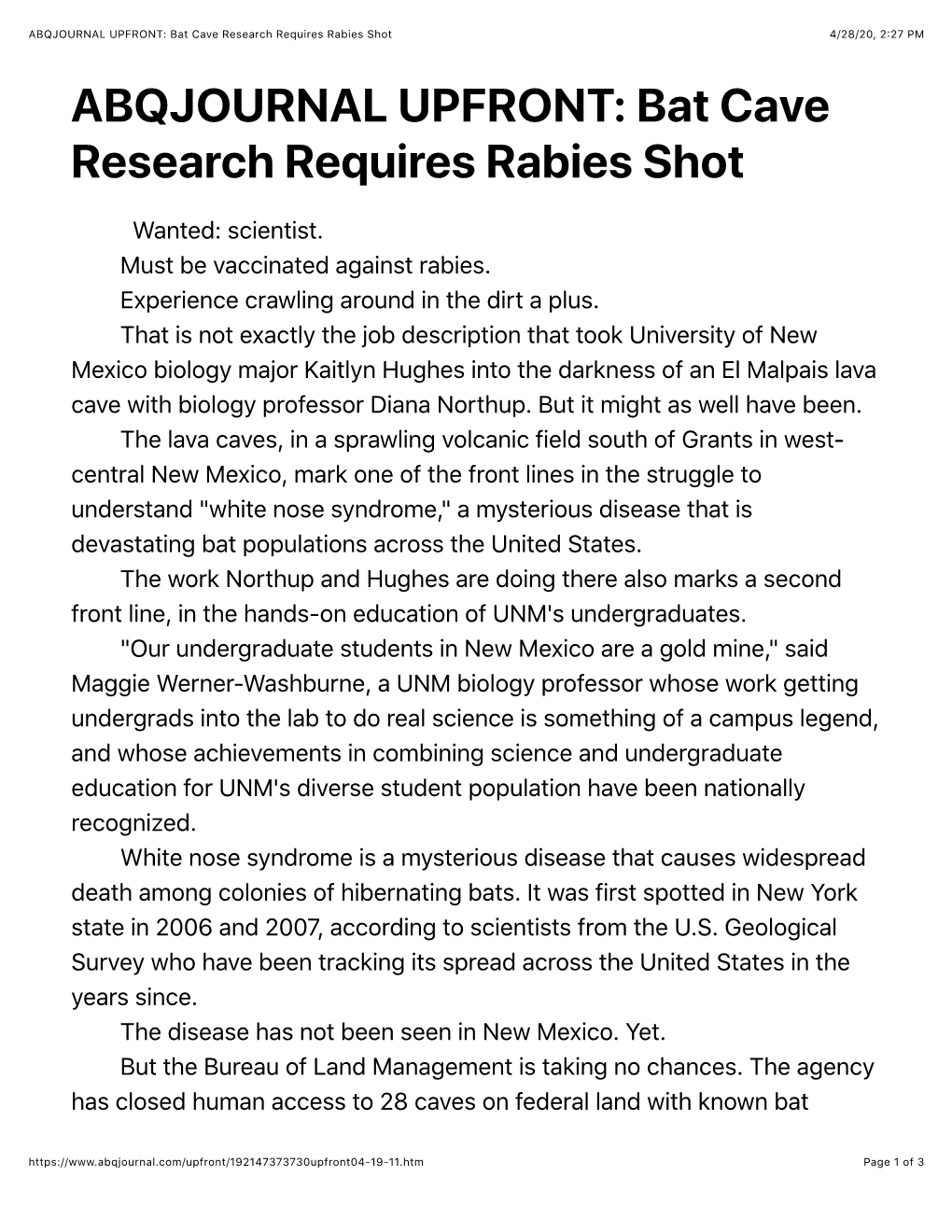 ABQJOURNAL UPFRONT: Bat Cave Research Requires Rabies Shot 4/28/20, 2:27 PM ABQJOURNAL UPFRONT: Bat Cave Research Requires Rabies Shot