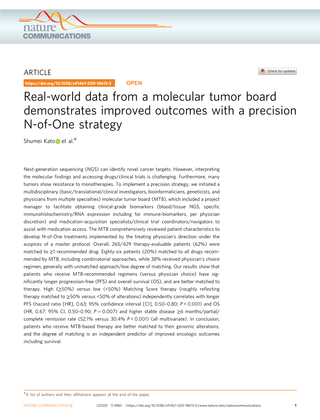 Real-World Data from a Molecular Tumor Board Demonstrates Improved Outcomes with a Precision N-Of-One Strategy